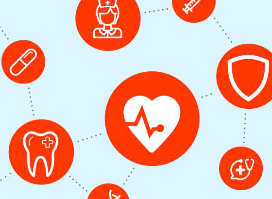 Orange icons of various healthcare benefits