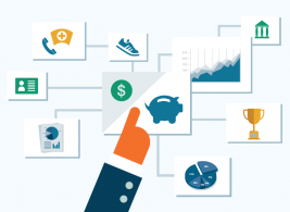 A finger pointing to a graphic of a piggy bank