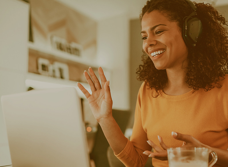 Woman talking on headset