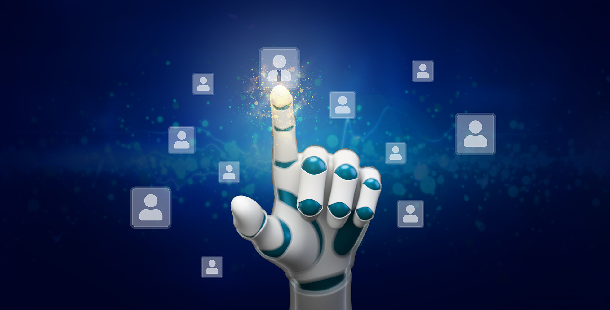 A robot hand selecting an icon of a person, representing AI in HR